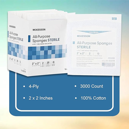 McKesson All Purpose Sponges, Sterile, 4-Ply, 100% Cotton, 2 in x 2 in, 2 per Pack, 25 Packs, 50 Total