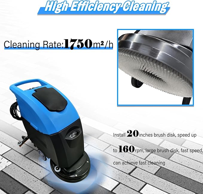 Floor Scrubber Machine 20" Cleaning Width, Dual Tanks Total 23.5 Gallons for Mall/Hotel/Office/Factory 110V