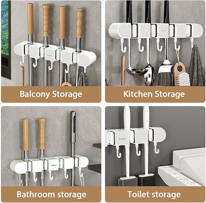 Mop Broom Holder Wall Mounted, 5 Racks and 4 Hooks Punch Free Mop and Broom Holder Wall Mount Broom Rack, Heavy Duty Hooks Self Adhesive Solid Non-slip for Home Kitchen Garden Laundry (2, White)
