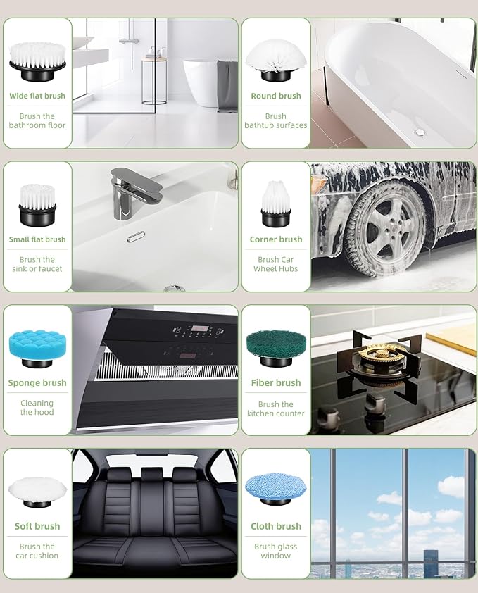 Electric Spin Scrubber, Cordless Power Scrubber with 8 Replaceable Brushs, 2-Speed Adjustable Handle Shower Scrubber, IPX7 Waterproof Cleaning Brush for Bathroom, Tile, Tub, Teens, White-qe1