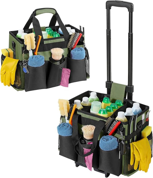 Housolution Rolling Cleaning Caddy Bag with Detachable Trolley, Professional Portable Large Cleaning Bag with Wheels, Wearable Cleaning Supply Bag on Wheels for Housekeepers, Army Green