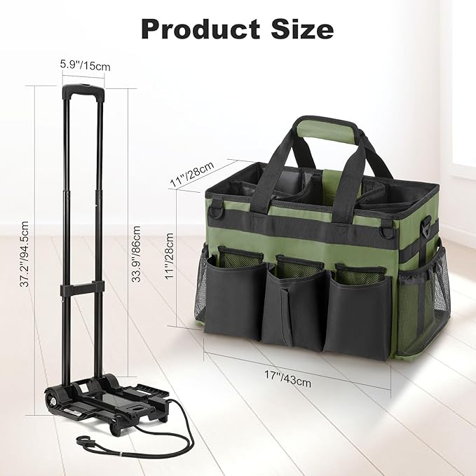 Housolution Rolling Cleaning Caddy Bag with Detachable Trolley, Professional Portable Large Cleaning Bag with Wheels, Wearable Cleaning Supply Bag on Wheels for Housekeepers, Army Green