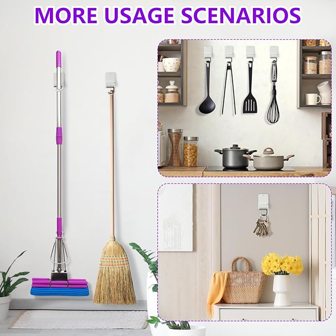 Broom and Mop Holder Wall Mount, Heavy Duty Screw Drilling Gripper Rack Supports up to 10 lb for Kitchen, Laundry Room, Garage, and Garden Storag (4, White)
