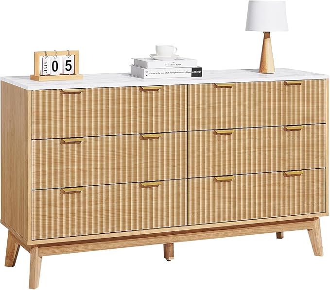 VEVOR Fluted 6 Drawer Dresser, 54" Wide Chest of Drawers with Faux Marble Top, Modern Dresser TV Stand, Wooden Closet Clothes Storage Organizer for Bedroom, Living Room, Hallway, Entryway, Natural Oak