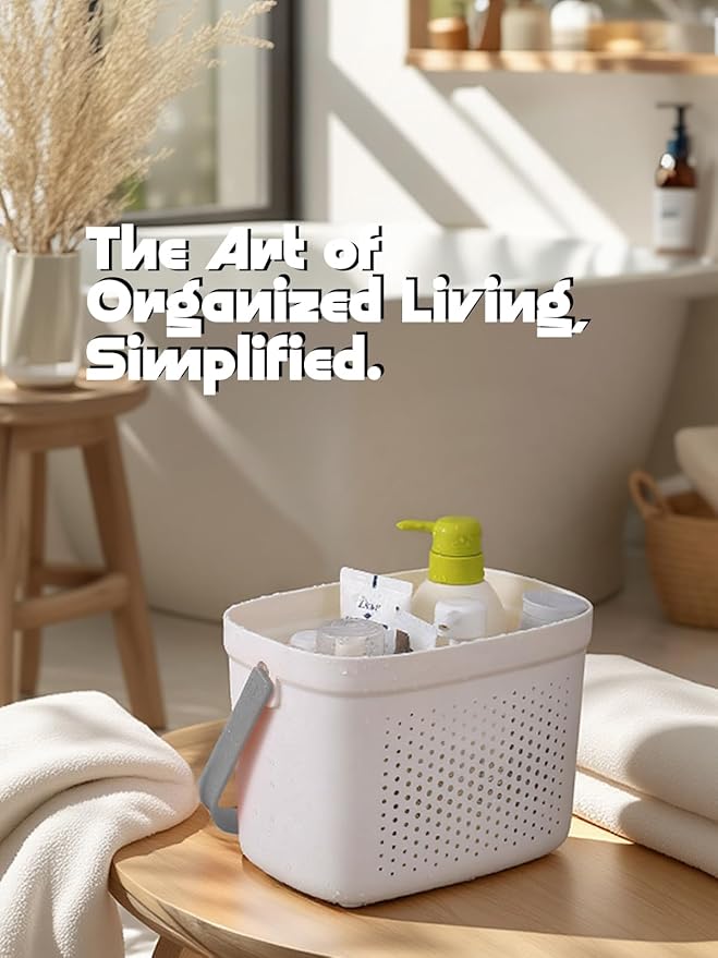 LivLab Mker Portable Shower Caddy, Cleaning Supply Organizer with Handle, College Dorm Room Essentials, Camping Tote Basket - Bathroom Storage, Under Sink Organizer, White Grey