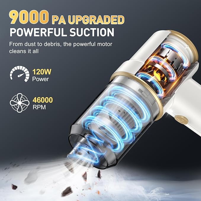 KMM Handheld Car Vacuum Cleaner, 11000PA Vacuum Cleaner & Air Duster, 120W High Power Vacuum Portable Cordless, Hand Held Vacuum Rechargeable with Multi-Nozzles & LED Light for Home, Car, Office