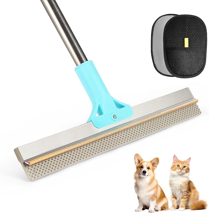 Carpet Rake for Pet Hair Removal, Adjustable Long Handle Carpet Rake for Pet Hair Removal, Double-Sided Reusable Dog Cat Fur Remover with Hair Removal Glove, Pet Fur Rake for Rugs, Mats