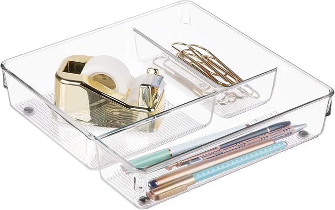 InterDesign Linus Kitchen Drawer Organizer for Silverware, Spatulas, Gadgets - 9" x 9" x 2", Clear