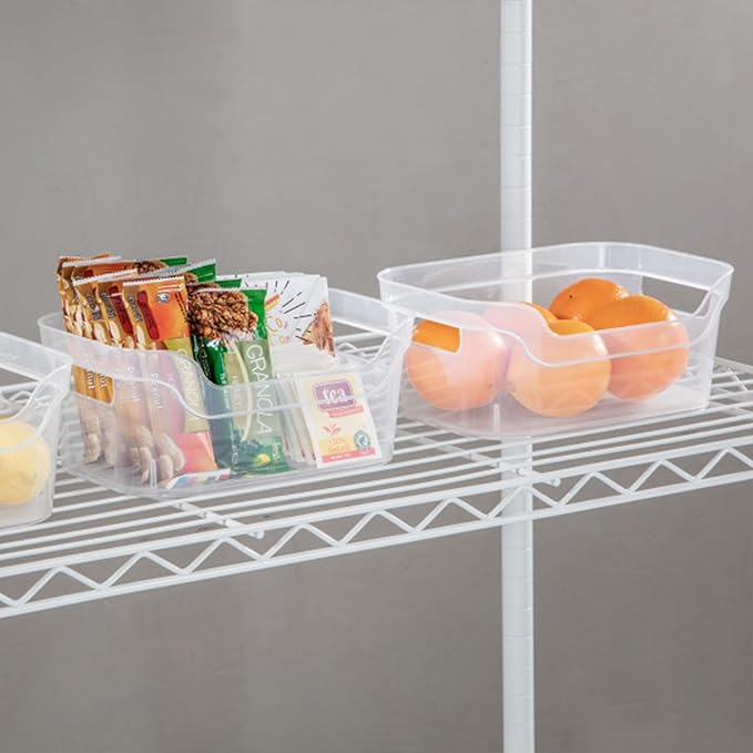 Sterilite 9.5 x 6.5 x 4 Inch Small Open Scoop Front Clear Storage Bin with Comfortable Carry Through Handles for Household Organization (64 Pack)