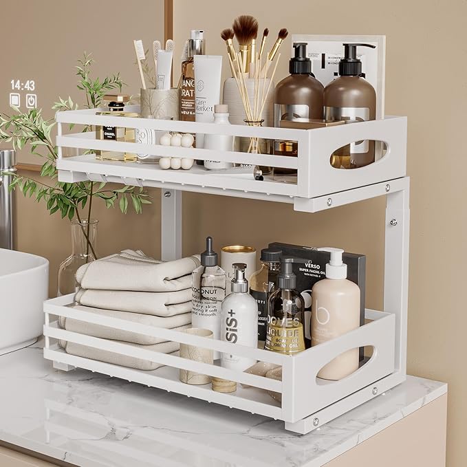 Under Sink Organizer, 2 Tier Under Sink Organizers and Storage, Adjustable Height, Slide Out Metal Cabinet Organizers, Pull Out Cabinet Storage Drawer Shelf for Kitchen Bathroom