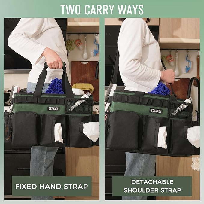 Wearable Cleaning Caddy Bag, Cleaning Caddy Supplies Organizer with Handle & Shoulder Straps for Housekeepers, Under Sink & Car Cleaning Tool Organizers with 4 Foldable Divider (TreeGreen)