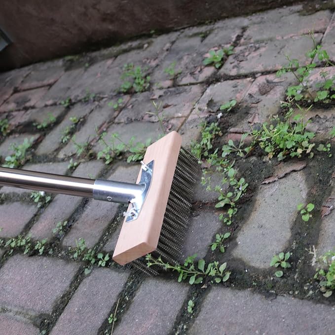 Stainless Steel Wire Scrub Brush with 63" Long Handle, 2PCS 12" Brush Heads, Heavy Duty Large Wire Brush, Stiff Metal Bristle Floor Scrubber, Patio Floor Cleaning, Wire Broom for Concrete, Deck, Moss