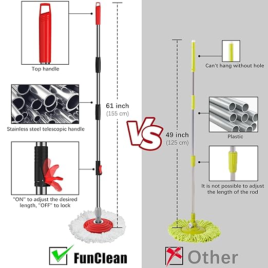 FunClean 360° Spin Mop and Bucket Set with Wringer, 4 Extra Microfiber Heads, 61" Extended Handle for Effortless Floor Cleaning, 2X Wheel Design - Black