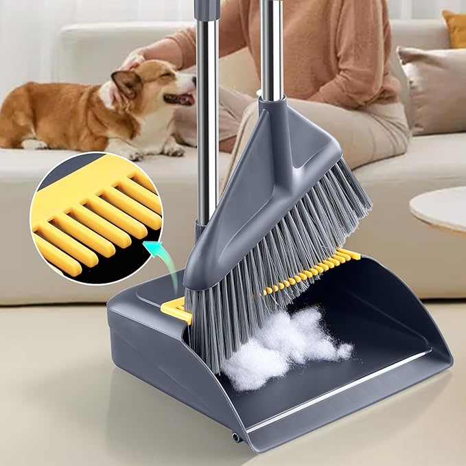 Broom and Dustpan Set for Home with 52 Inch Long Angled Handle - Stand Up Dustpan No Warping Metal Edge, Ergonomic Sweeping, 4 Layer Bristles and Hair Cleaning Teeth for Kitchen Office