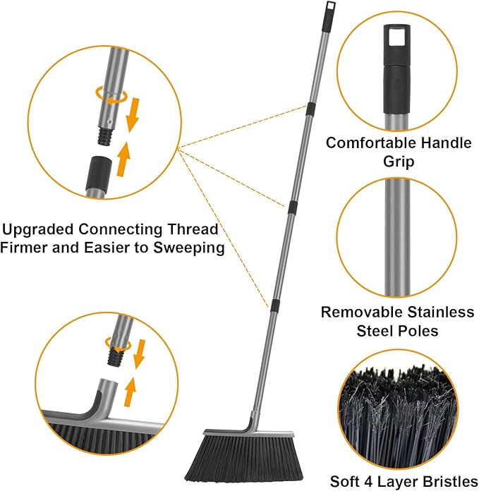KeFanta 4 Packs Outdoor Broom Heavy Duty with 55" Long Handle, Commercial Brooms for Sweeping Indoor Courtyard Restaurant Garage Patio Decks Mall Market Kitchen Office Lobby Shop