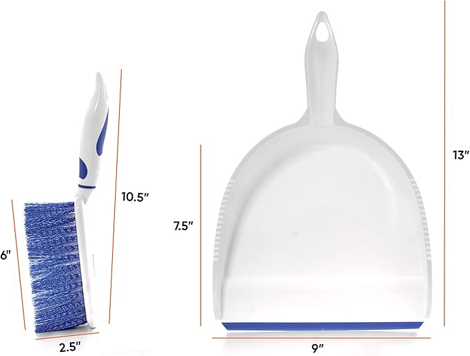 Dustpan and Brush Set, Hand Broom with Ergonomic Grip Handle - Rubber Edge for Easy Dirt Pickup, Durable Material - Grey & Blue Hand Brush by Superio, 2-Pack (Blue, 2-Pack)