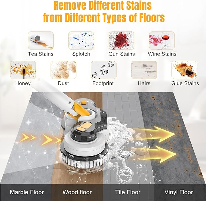 Cordless Electric Mop for Dewalt 20V Battery (NO Battery), 2 in 1 Spin Mop & Electric Floor Scrubber with LED Light & Water Spray, Electric Mops for Floor Cleaning, Hardwood,Tile (White Yellow)