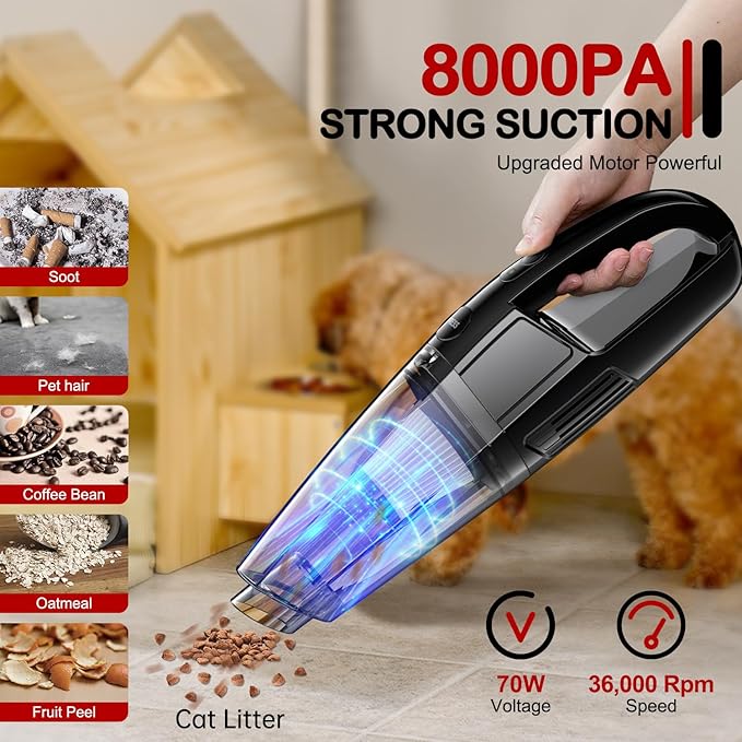 Handheld Vacuum Cordless 8000PA, Car Vacuum Portable Cordless 30 Mins Runtime & Under 70dB Quiet, Hand Held Vacuum Cleaner, 1.4lbs Hand Vacuum Cordless for Car/Home/Office, Pet Hair