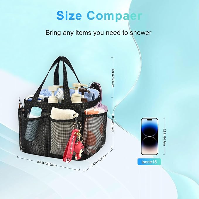 Haundry Mesh Shower Caddy Basket, Large College Dorm Bathroom Caddy Organizer with Key Hook and Oxford Handles, 8 Pockets, Hanging Portable Tote Bag for Camp Gym