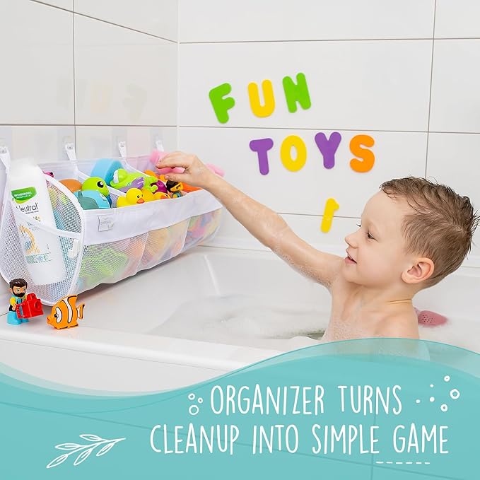 Comfylife Large Bath Toy Organizer – 3 Compartment Bath Toy Holder for Bathtub & Shower – Quick-Dry Mesh with 4 Strong Adhesive Hooks – Kids Toys Storage Net for Bathroom, shower & Tub