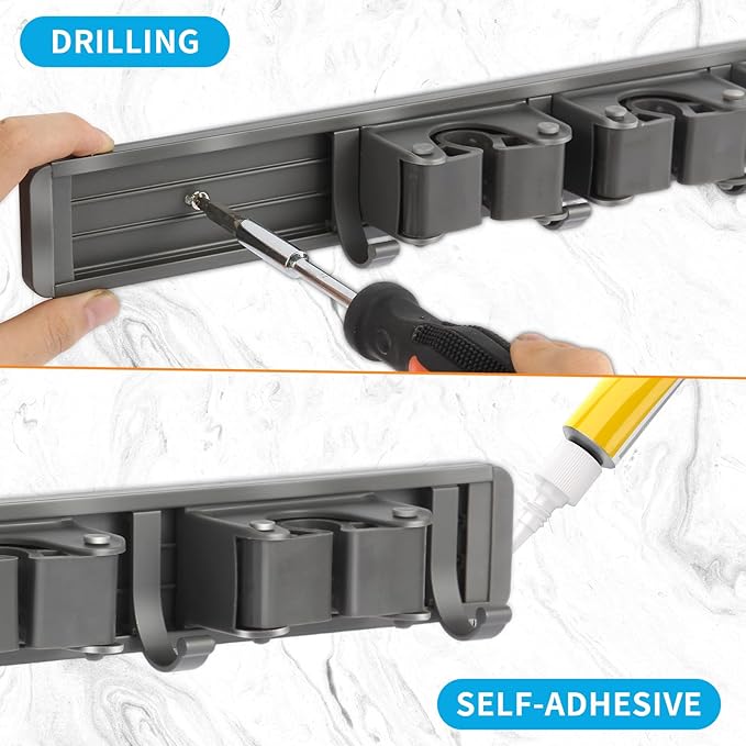 Broom Holder Wall Mount with Adjustable Hooks, Mop Organizer Rack for Narrow Space, Mop and Broom Hanger Wall Mount for Organizing in Kitchen, Garage, Laundry Room, 3 Racks 4 Hooks, Gray