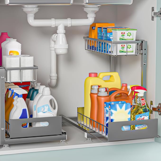 2 Pack Pro Under Sink Organizer Storage: Premium Metal 2-Tier Pull-Out Wire Basket Organizer, L Shape Height Adjustable, Easy Installation | Kitchen & Bathroom Cabinet Organizers