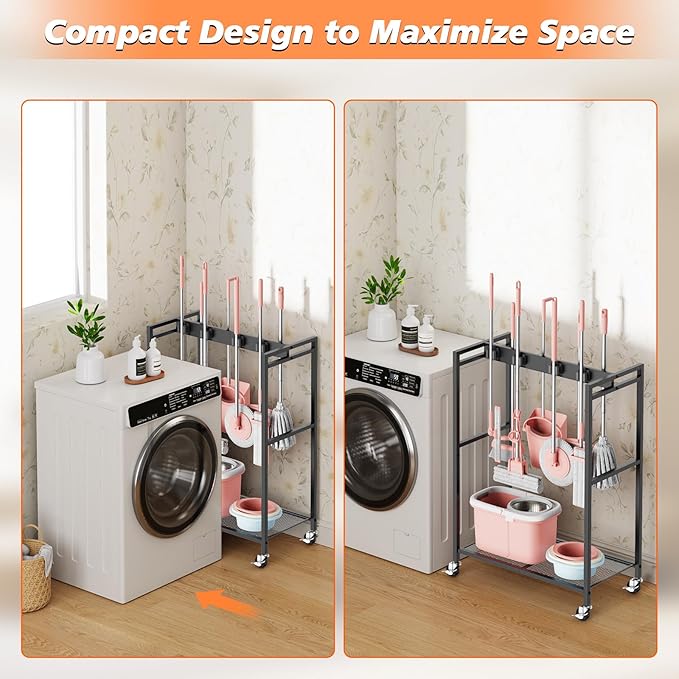 Broom and Mop Holder, Broom Closet Storage Cabinet, Cleaning Cart with Broom and Mop Hanger, Janitorial Cart with Wheels for Household, Laundry Room Organization
