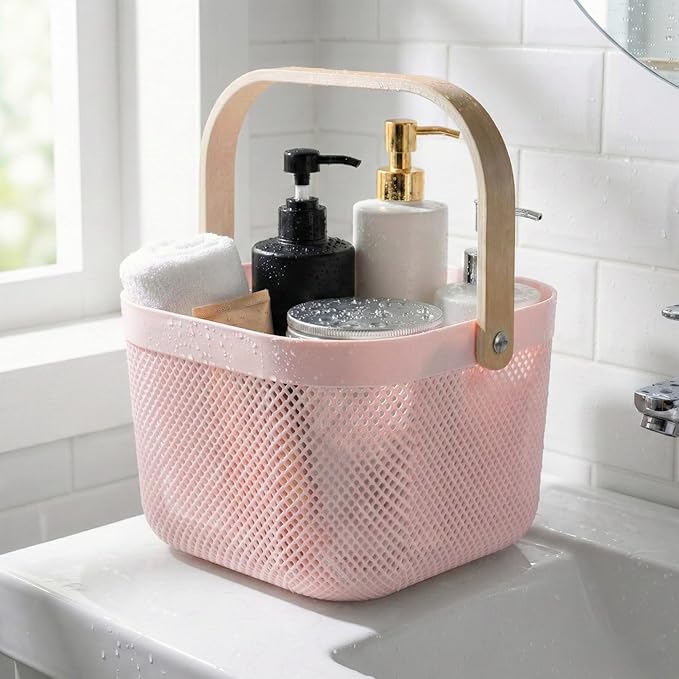 Shower Caddy Portable with Wooden Handle – Plastic Shower Caddy Dorm Basket for Bathroom Storage & Organization, College Essentials (Pastel Pink)