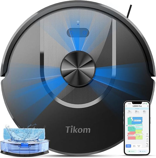 Tikom Robot Vacuum and Mop Combo, 6000Pa Automatic Robotic Vacuum Cleaner, Smart Mapping, 150 Min Max, Ideal for Pet Hair, Hardfloors, Carpets, Home(L8000 Pro)