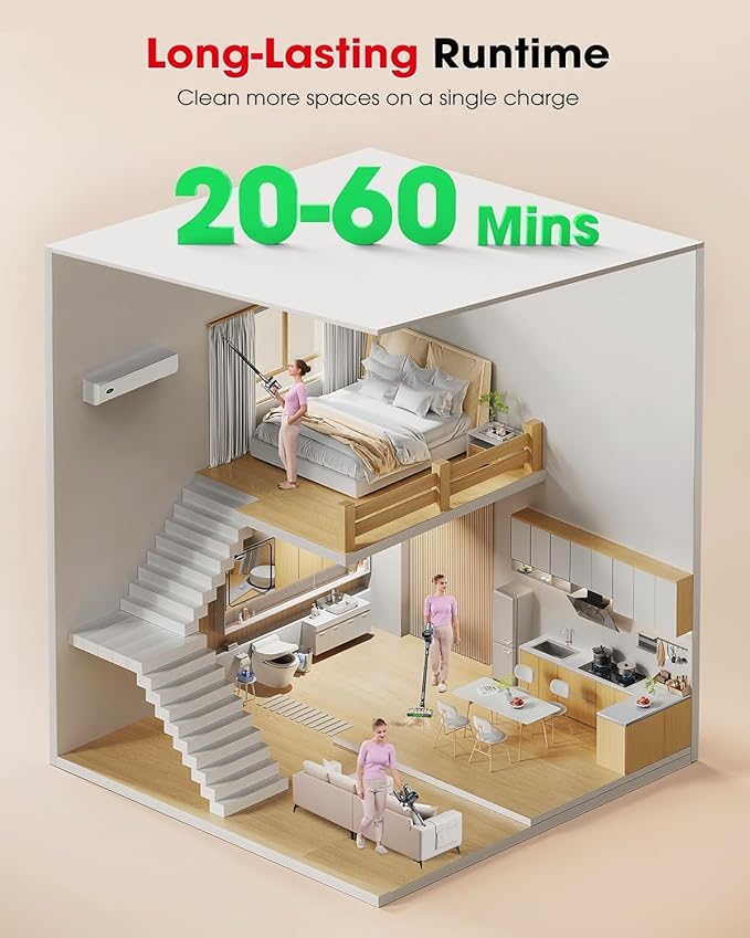 Cordless Vacuum Cleaners for Home, G26 Vacuum Cleaner, 45KPA Powerful Suction, Up to 60 Minutes, Tangle-Resistant, Rechargeable Stick Vac with Wall Mount for Pet Hair, Hardwood Floors