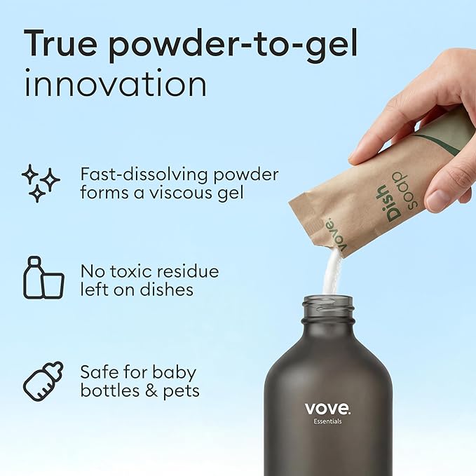 Vove Dish Soap Starter Set with Refillable Glass Pump Bottle & 3 Refills, Bergamot Mint & Basil, Powder-to-Gel Dishwashing Liquid, Plant-Based Concentrated Formula, Plastic-Free Packaging
