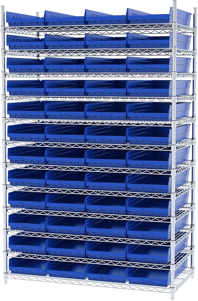 Akro-Mils 30174 Plastic Shelf Bins, Heavy Duty Storage Bins for Garage, Closet, and Drawer Organization, 24-Inch x 11-Inch x 4-Inch, Blue, 6-Pack