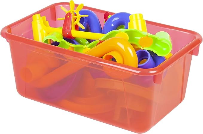 Storex Small Cubby Bins – Plastic Storage Containers for Classroom with Non-Snap Lid, 12.2 x 7.8 x 5.1 inches, Tint Red, 5-Pack (62481U05C)