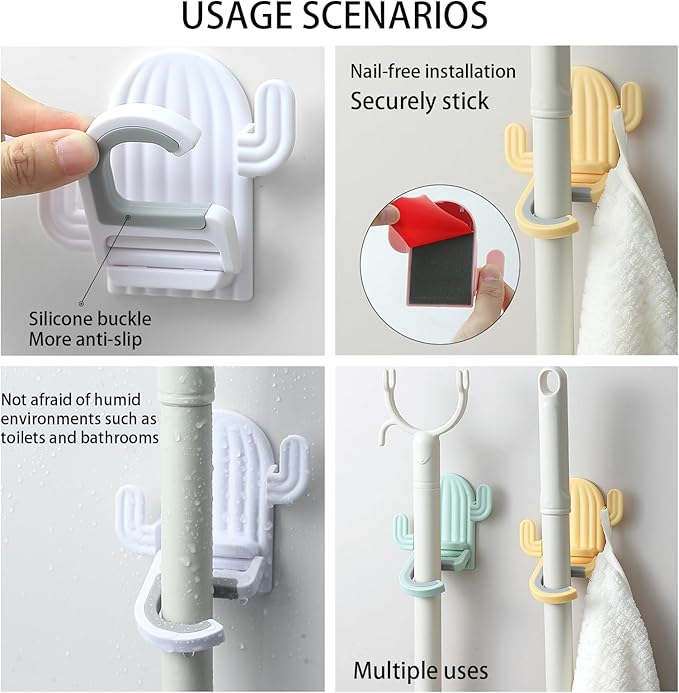 4 Pack Broom and Mop Holder Wall Mount，Cute Cactus Wall Utility Hooks No Drill Mop and Broom GripperDecorative Hanging Holder for Bathroom Kitchen