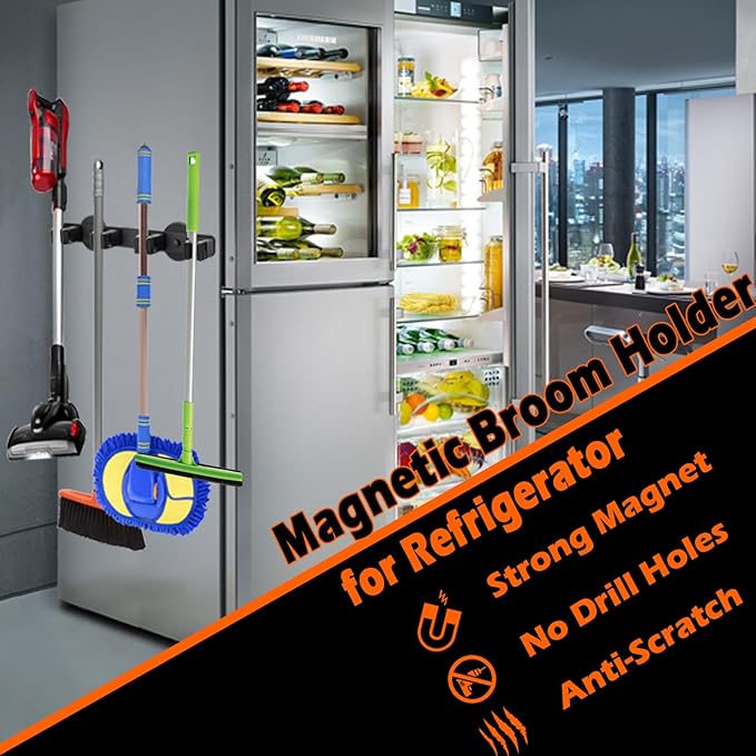 Heavy Duty Magnetic Broom Holder, Strong Magnetic Mop Hanger for Refrigerators, Powerful Magnet Wall Mount Broom Rack, Anti-slip Mop Storage Utility Rack for Kitchen, Home, Laundry, Garage