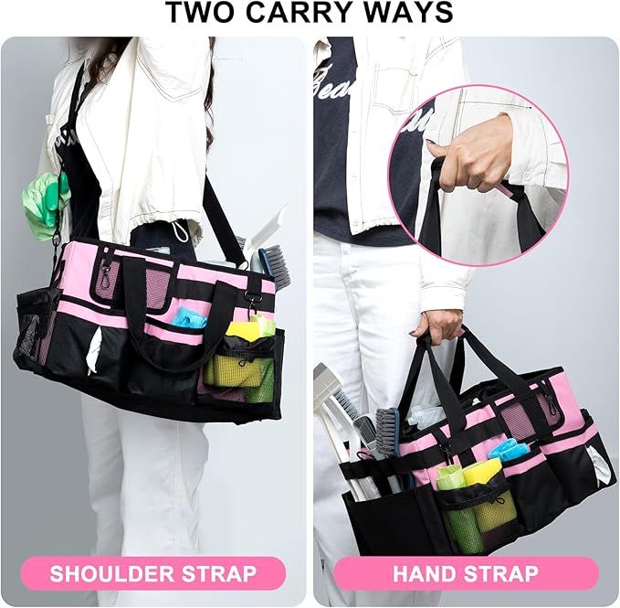 Large Cleaning Caddy Tote Bag with 4 Foldable Dividers Sturdy Support Board, Waterproof Cleaning Tools Organizer with Adjustable Shoulder Strap Waist Belt for Housekeepers, Cleaners Professional Use