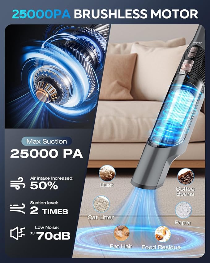 Zefiro Compact Powerful Cordless Handheld Vacuum, Rechargeable Portable Car Vacuum for Car & Pet Hair, XL Dust Cup, 25Kpa High Suction, Long Runtime, 2 Brushes, 2 Filters