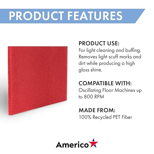 Americo Red Buffer Floor Pad, for Light Cleaning and Buffing, 14"x28", 5 Pads/Case, Made of 100% Recycled Content, USA Made