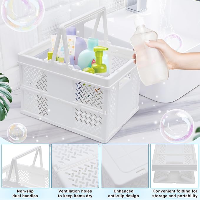 Portable Plastic Shower Caddy with Handle - Multi-Functional Organizer for Dorm, Bathroom, and Cleaning Supplies Storage - Collapsible Baby Bath Caddy and Dorm Shower Caddy - White