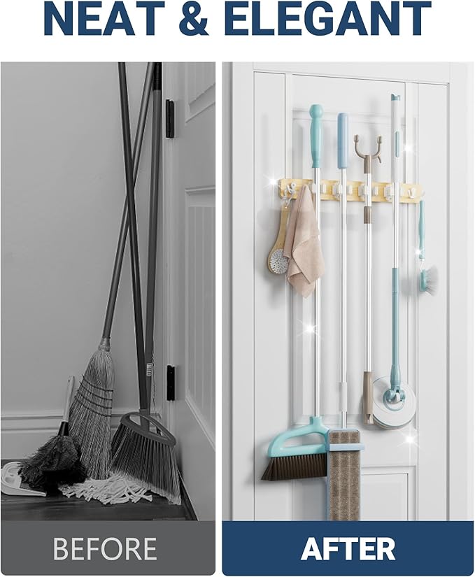 Lorbro Broom Holder Door Mount, Over the Door Broom and Mop Holder with 2 Over Door Hooks, Wood Broom Hanger, Tool Rack Organizer for Laundry, Garage, Closet, Kitchen Decor, 4 Slots & 4 Hooks Rustic