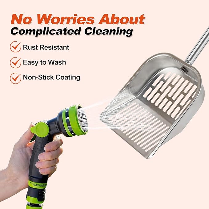 Cat Litter Scoop Metal Mesh, Kitty Scooper for Litter Box Cleaning Speed Sifting, Chicken Poop Scooper for Sand, Litter Sifter Shovel, Dog Coop Pooper Scooper -Stainless Steel Long Handle