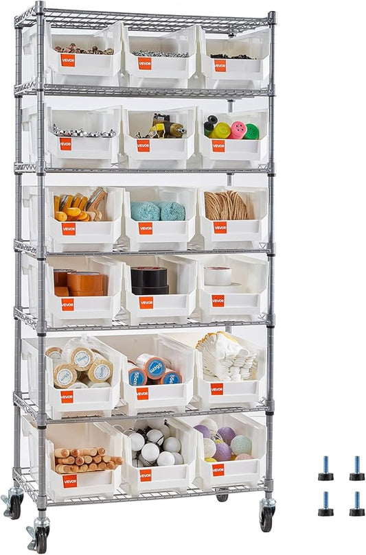 VEVOR 7-Tier Rolling Bin Storage Rack, 18 Organizer Bins, Bin Rack Storage Steel Wire Shelving System with Wheels, Mobile Tool Organizer for Garage, Warehouse, Office, Restaurant, Classroom, Kitchen