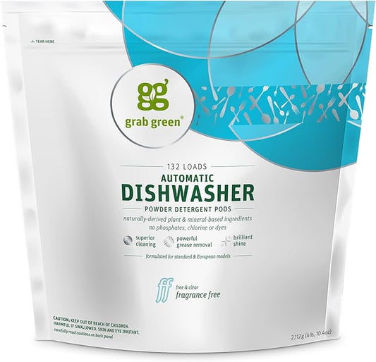 Grab Green Automatic Dishwashing Detergent Pods, 132 Count, Fragrance Free, Plant and Mineral Based, Superior Cleaning, Powerful Grease Removal, Brill