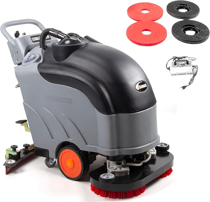 SUNMAX 28" Commercial Floor Scrubber Machine, 14.5-gal Tank, Dual Brushes and Sourcing Pads, Self-Propelled Floor Cleaner with Traction Drive