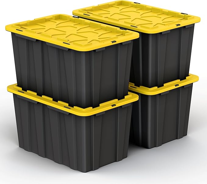 4 Pack of Large 17 Gallon Plastic Storage Bin Tote Organizing Container with Secure Latching Lids, Stackable, Extra Strength Clear with Built in Handle - Black and Yellow