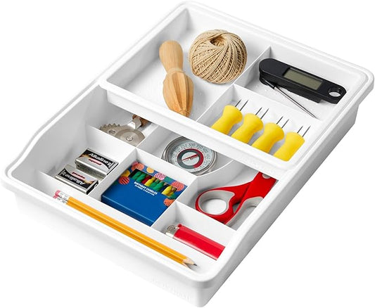 madesmart 13-Compartment Junk Drawer Organizer with Sliding Top Tray, Multi-Purpose Storage for Kitchen, Office & Bathroom Drawers, White