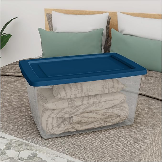 Sterilite 24 Pack Storage Boxes, Clear Plastic Stackable Containers, Lightweight Home Organizers with Snap Lids, 58 Quart, Marine Blue