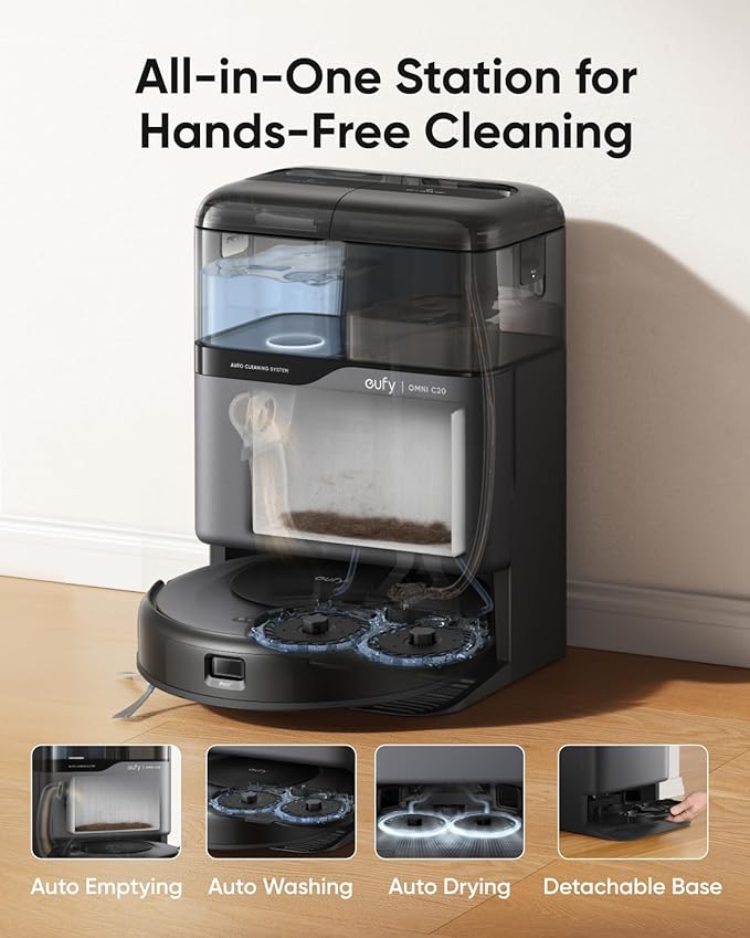 eufy Certified Like-New Omni C20 Robot Vacuum and Mop Combo, Self-Emptying, Auto Mop Washing & Drying for Hands-Free Cleaning, 7000 Pa Suction (Renewed)