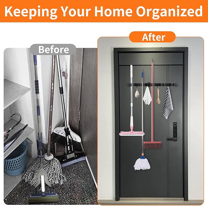 Magnetic Broom Holder Wall Mount with 4 Hooks and 5 Rack- Heavy Duty Non-Slip Mop Hanger for Wet Mops&Cleaning Tools on Refrigerator,Metal Door,Garage,Kitchen,Laundry Room