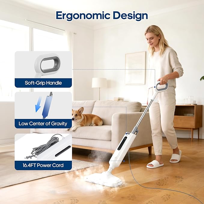 NEWBULIG Steam Mop for Hardwood/Tile/Carpet, Lightweight Steamer Cleaner for Floor Cleaning, 16.4 FT Cord and 2 Washable Pads